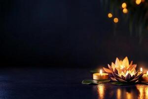 Serene Lotus Flowers and Glowing Candles Create a Tranquil Atmosphere at Night photo
