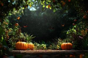 Pumpkins Surrounded by Lush Greenery and Mystical Lighting in a Forest Setting photo