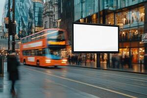 Vibrant Orange Bus in Urban Area Near Empty Advertising Board at Dusk photo