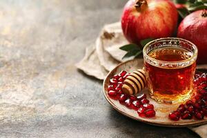 Fresh Pomegranate Juice With Honey Served on a Rustic Plate Surrounded by Vibrant Apples photo