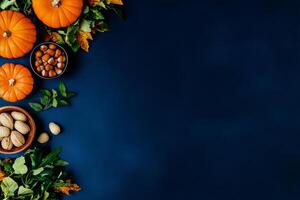 Autumn Harvest Display Featuring Pumpkins, Nuts, and Leaves on a Dark Background photo