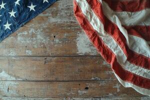 Display of an Old American Flag on a Rustic Wooden Surface During Daylight Hours photo