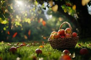 Autumn Harvest With a Basket of Apples Surrounded by Falling Leaves in a Sunlit Orchard. photo
