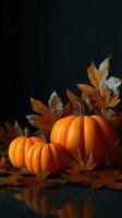 Autumn Pumpkins Surrounded by Leaves in a Dimly Lit Setting. photo