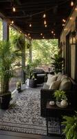 Cozy Outdoor Patio With Comfortable Seating and String Lights in a Serene Garden Setting photo