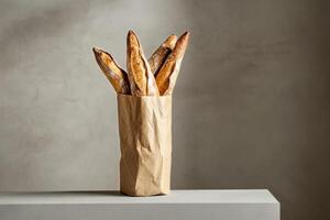 Freshly Baked Baguettes in a Paper Bag on a Minimalist Countertop Display photo