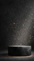 Illuminated Black Pedestal With Golden Particles Floating in Dark Space photo