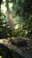 Sunlight Streams Through Lush Leaves, Casting a Warm Glow on an Open Book Placed on a Weathered Wooden Table. photo