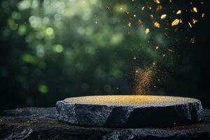 Golden Particles Hover Above a Dark Stone Surface in a Mystical Forest Setting During Daylight Hours photo