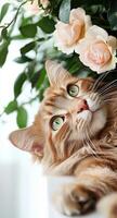Fluffy Orange Cat Lying Among Flowers With Bright Green Eyes on a Sunny Day photo