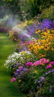 Colorful Garden Filled With Vibrant Flowers and Gentle Sprinklers in a Serene Setting photo