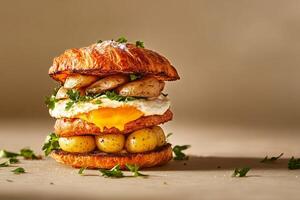Breakfast Sandwich With Croissant, Egg, and Potatoes Served on a Wooden Table photo