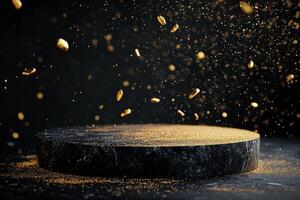 Golden Particles Hover Above a Dark Stone Surface in a Mystical Forest Setting During Daylight Hours. photo