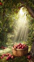 Light Filtering Through Trees in an Apple Orchard With a Basket of Apples photo