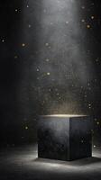 Illuminated Black Pedestal With Golden Particles Floating in Dark Space. photo