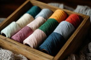 Colorful Spools of Thread Arranged Neatly in a Wooden Box for Crafting and Sewing Projects photo