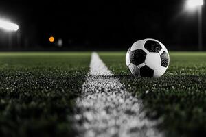 Soccer Ball Resting on a Vibrant Green Field Before a Match. photo