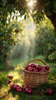 Apples Gathered in a Basket Under Trees During a Sunny Afternoon in an Orchard. photo