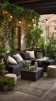 Cozy Outdoor Patio With Comfortable Seating and String Lights in a Serene Garden Setting. photo