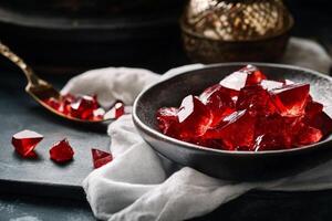 Delicious Red Jelly Cubes Served in a Black Bowl With a Silver Spoon on a Dark Table photo