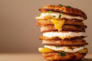 Breakfast Sandwich With Croissant, Egg, and Potatoes Served on a Wooden Table. photo
