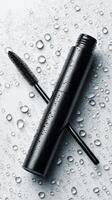 Black Mascara Tube With Brush Positioned on Wet Surface With Water Droplets. photo