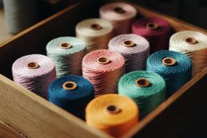Colorful Spools of Thread Arranged in a Wooden Box for Crafting and Sewing Projects photo