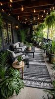 Cozy Outdoor Living Space With Plants and String Lights Creates Inviting Atmosphere for Relaxation. photo