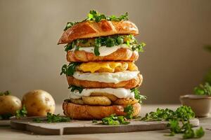 Delicious Stacked Breakfast Croissants With Eggs and Greens on a Wooden Board photo