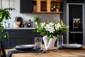 Elegant Dining Setup With Floral Arrangement in a Modern Kitchen Atmosphere photo