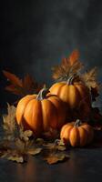Vibrant Orange Pumpkins Surrounded by Autumn Leaves Showcase Seasonal Beauty in a Dark Setting photo