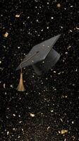 Graduation Cap With Gold Confetti Floating in Dark Background Celebrates Achievement and Success photo
