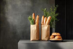 Freshly Baked Baguettes in a Paper Bag on a Minimalist Countertop Display. photo