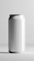 Blank Aluminum Can Displayed on a Light Gray Surface With Soft Shadows. photo
