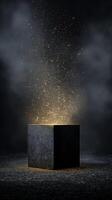 Mystical Cube Emanating Sparkling Particles in Dimly Lit Environment photo
