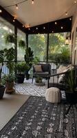 Cozy Outdoor Living Space With Plants and String Lights Creates Inviting Atmosphere for Relaxation photo
