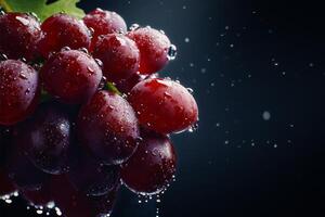 Fresh Grapes Glisten With Droplets in a Dark Setting Illuminated by Blurred Lights. photo