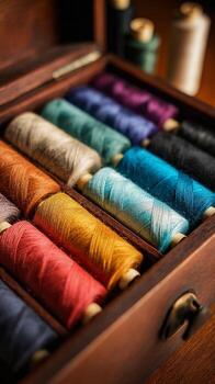 Colorful Thread Spools Arranged Neatly in Wooden Box Showcasing Various Shades and Textures. photo