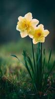 Bright Yellow Daffodil Blooming in a Lush Green Garden During Springtime. photo