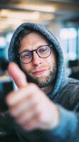 Man in Hoodie Giving Thumbs up Gesture With Confident Expression in a Modern Indoor Setting. photo