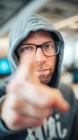 Focused Man in Hoodie Points at Camera in a Modern Workspace During Daytime photo