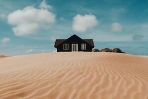 Deserted House Stands Alone on Sand Dunes Under a Vibrant Sky photo