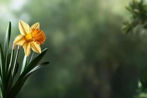 Bright Yellow Daffodil Blooms Surrounded by Lush Green Foliage in a Tranquil Garden Setting photo