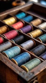 Colorful Thread Spools Arranged Neatly in Wooden Box Showcasing Various Shades and Textures photo