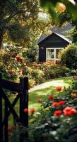 Lush Garden Pathway Leading to a Cozy Black Cottage Surrounded by Blooming Flowers in Afternoon Light photo