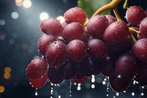 Fresh Red Grapes Glistening With Water Droplets Under Soft Light in a Lush Setting photo