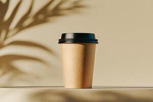 Coffee Cup With a Black Lid on a Minimalistic Surface With a Palm Shadow in the Background at Morning Light photo