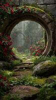 Mysterious Garden With Stone Archway Surrounded by Blooming Roses and Misty Atmosphere. photo