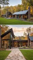Modern House With Large Windows Surrounded by Autumn Foliage in a Peaceful Setting photo