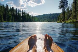 Relaxing on a Paddleboard in a Serene Lake Surrounded by Dense Forests on a Sunny Day photo